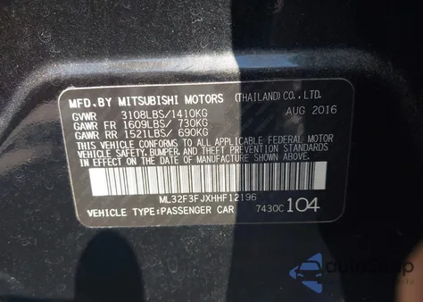 2017 Mitsubishi Mirage G4 Es z USA, uszkodzony, nr VIN ML32F3FJXHHF12196